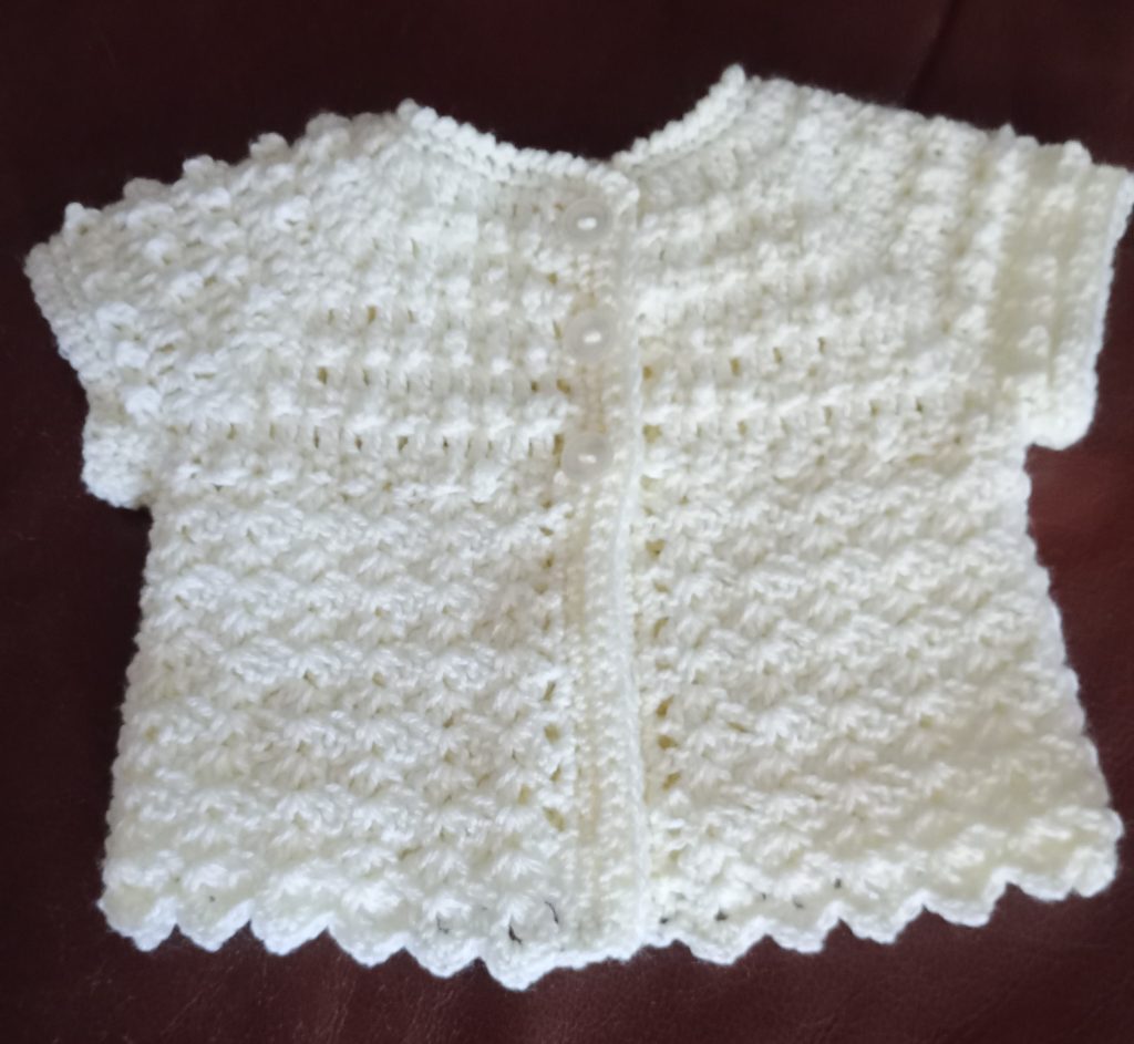 Hand Crocheted Short Sleeved Baby Cardigan – White