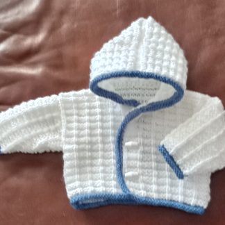 Hand Knitted Baby Hooded Jacket – White with Blue Trim – Small Size